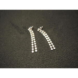 Vintage Silver Tone Double Strand Rhinestone Dangle Earrings, Clear Crystal Drop